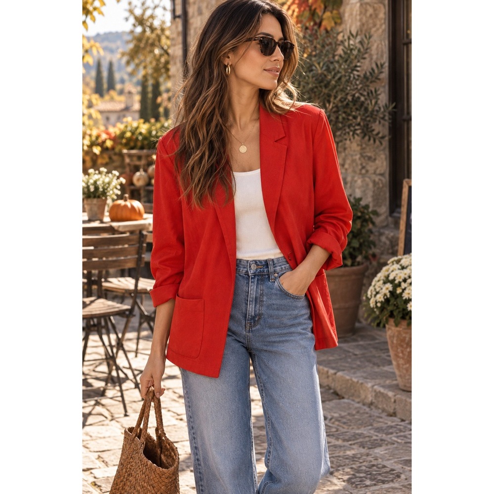 Vintage Can Cans Red Open Front Blazer Jacket Retro Business Casual Statement M
